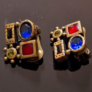 Chico's Vintage 1980s Clip-On Earrings with Blue and Red Green Stones In Brozen